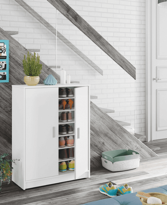 White Shoe Rack Cabinet – 2 Door, 6 Shelf Storage