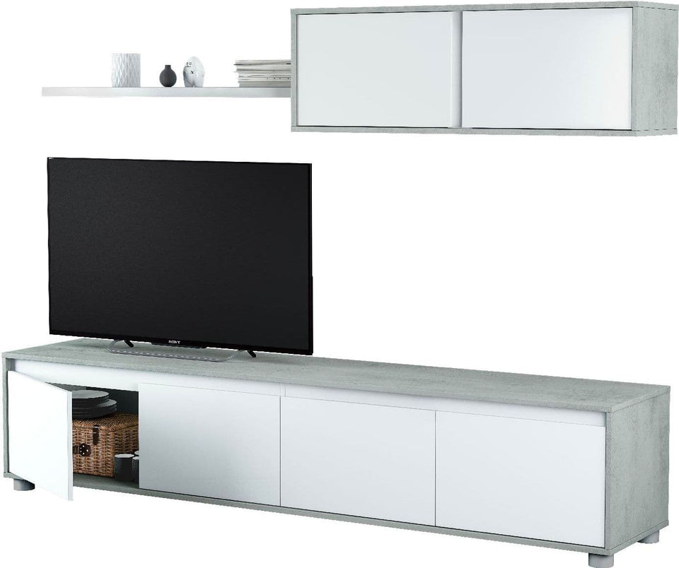 Modern Concrete Grey & White TV Entertainment Unit – 200cm Wide Cabinet Set