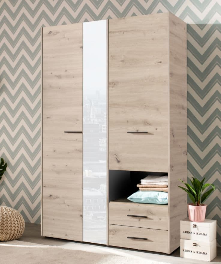 Lavish Kitchen Isle Rylora Grey Oak 3-door wardrobe with mirror and two drawers, modern bedroom storage solution.