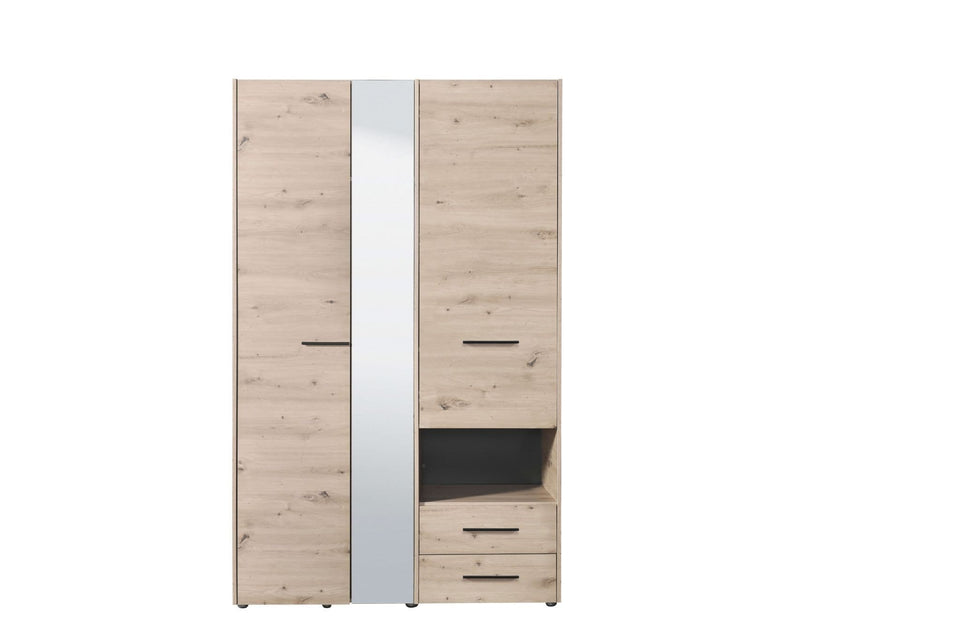 Lavish Kitchen Isle Rylora grey oak 3-door wardrobe with mirror and two drawers, modern bedroom storage solution.