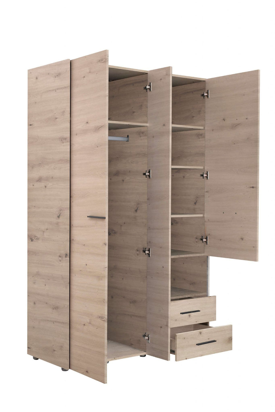Lavish Kitchen Isle Rylora Grey Oak 3-door wardrobe with mirror and two drawers, modern bedroom storage solution.