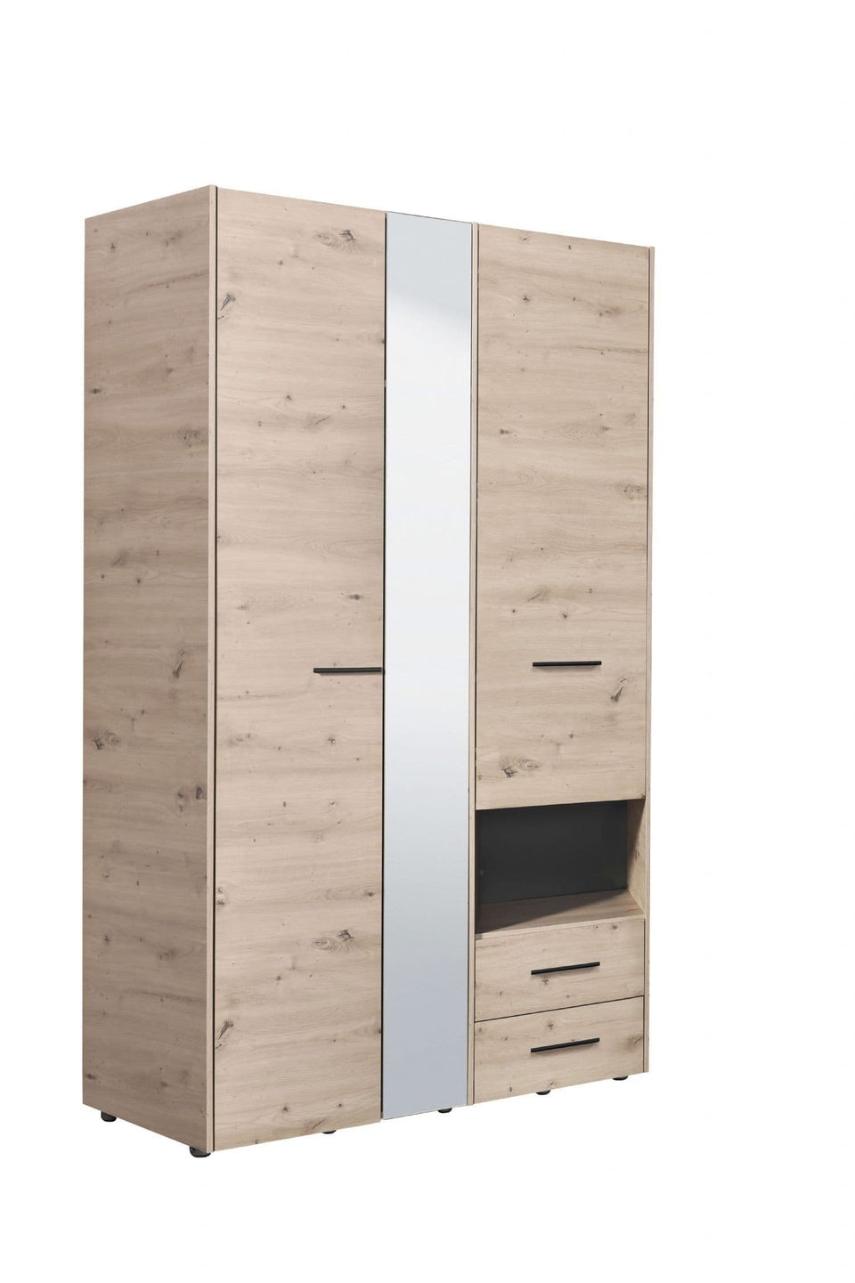 Lavish Kitchen Isle Rylora Grey Oak 3-door wardrobe with mirror and two drawers, modern bedroom storage solution.