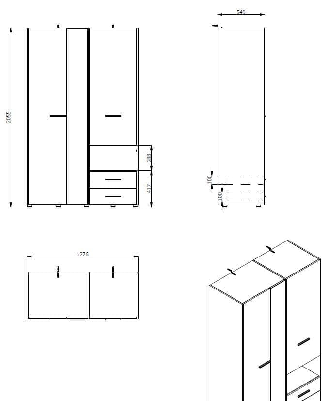 Lavish Kitchen Isle Rylora Grey Oak 3-door wardrobe with mirror and two drawers, modern bedroom storage solution.