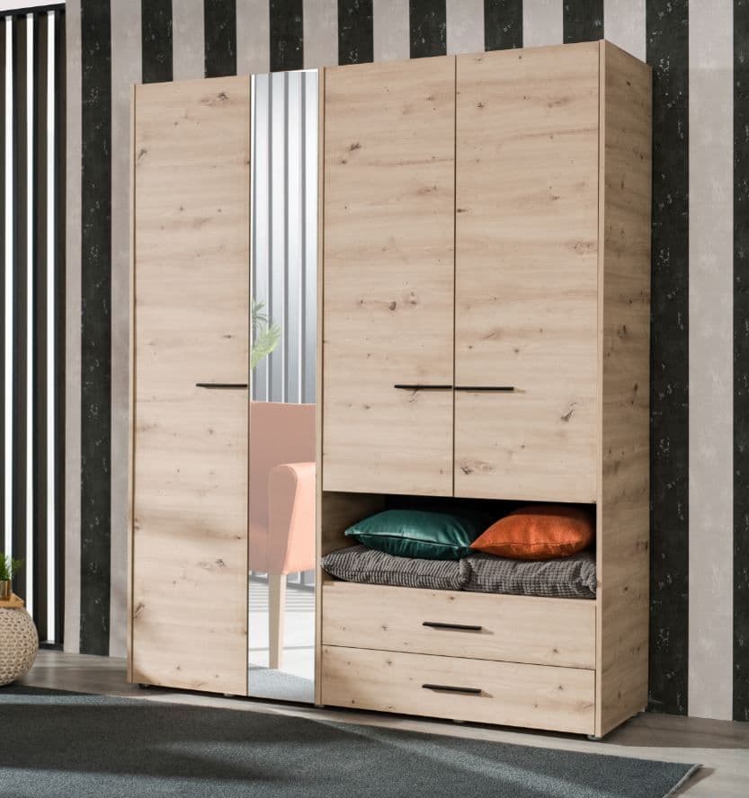 Grey Oak 4-door wardrobe with mirror, open shelf, and 2 drawers, modern bedroom storage cabinet by Lavish Kitchen Isle