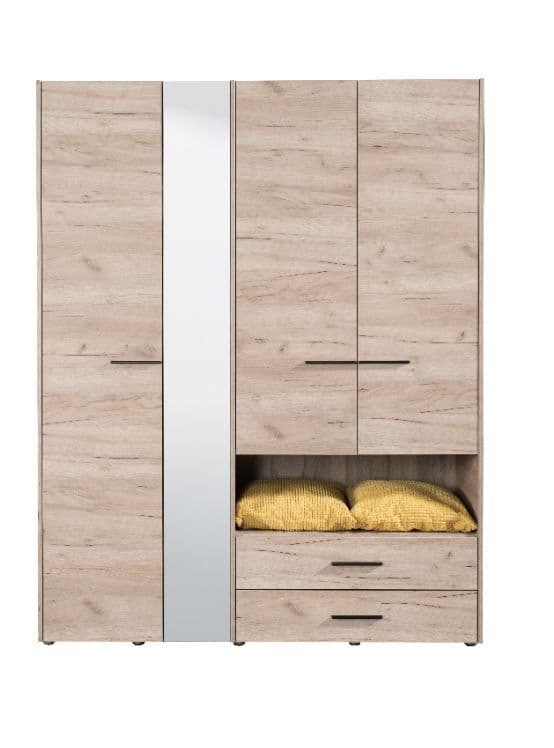 Grey Oak 4-door wardrobe with mirror, open shelf, and drawers, modern bedroom storage cabinet by Lavish Kitchen Isle.