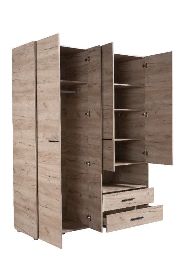 Grey oak 4-door wardrobe by Lavish Kitchen Isle with mirror, open shelf, and two drawers for modern bedroom storage.