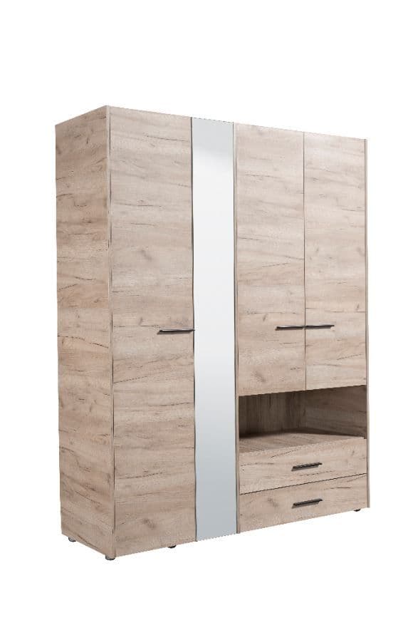 Grey Oak 4-door wardrobe with mirror, open shelf, and two drawers, modern bedroom storage cabinet by Lavish Kitchen Isle