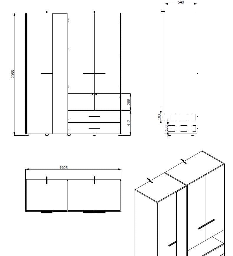 Grey oak-effect 4-door wardrobe with mirror, open shelf, and two drawers, modern bedroom storage cabinet by Lavish Kitchen Isle.