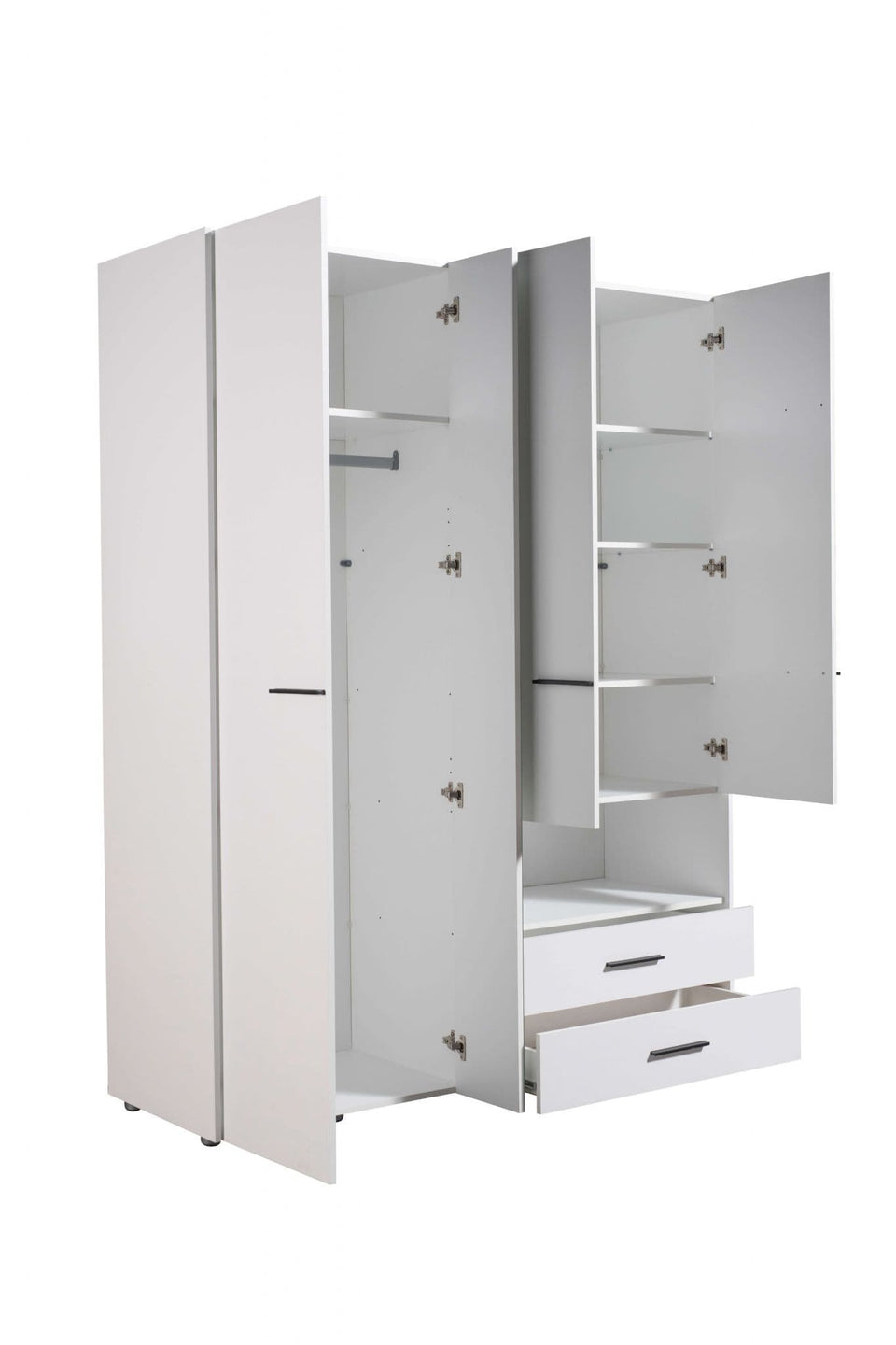 Rylora White 4-Door Wardrobe with Shelving & Drawers Modern Wardrobe Storage with Hanging Rails