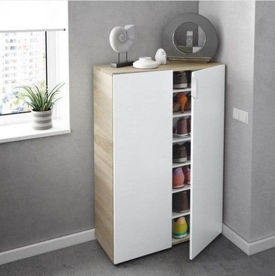 White and Oak Effect 72cm Wide Shoe Rack Cabinet – 2 Door Storage Unit