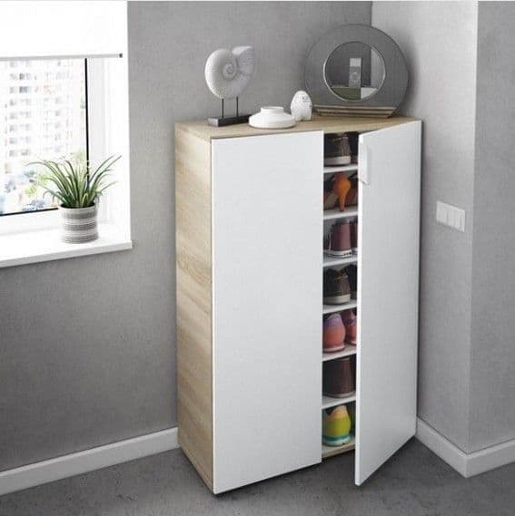 White and oak effect shoe rack cabinet by Lavish Kitchen Isle with two doors, 72cm wide storage for 30 pairs of shoes.