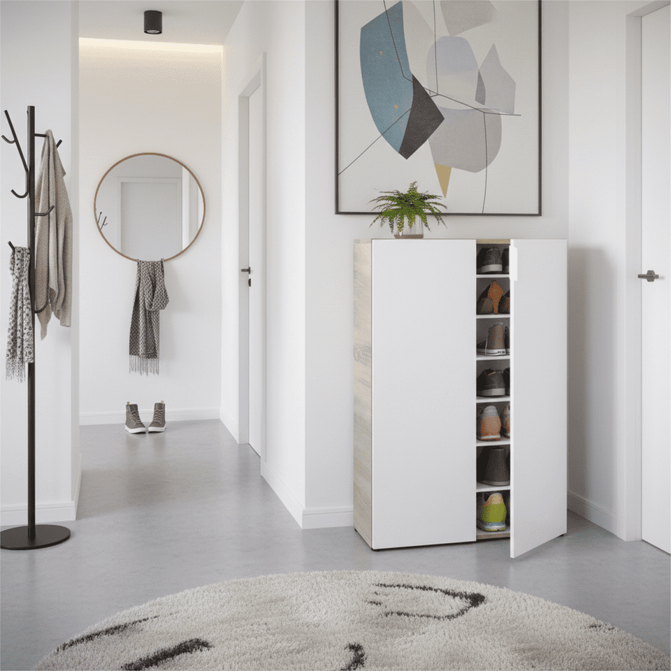 White and oak effect shoe rack cabinet by Lavish Kitchen Isle with 2 doors, designed for 30 pairs of shoes.
