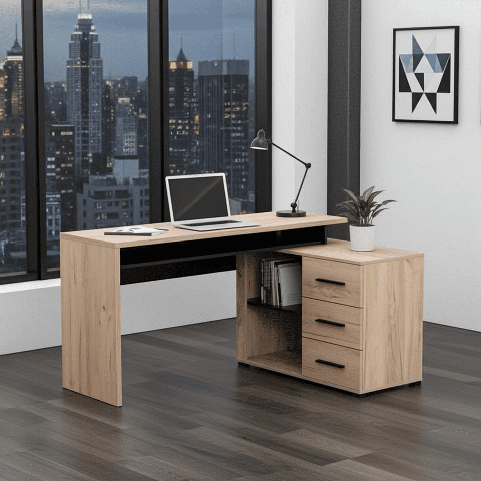 Lavish Kitchen Isle Ama large oak and black corner desk with drawers, ideal for home office, study, computer, and laptop use.
