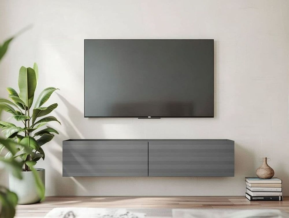 Graphite grey wall-mounted floating TV unit with storage, 154cm wide, modern design by Lavish Kitchen Isle.