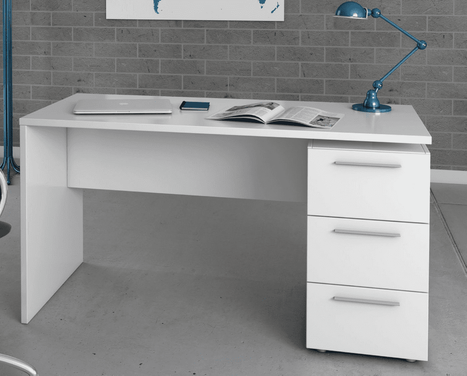Lavish Kitchen Isle Lustre Arctic White home office desk with 3 drawers, modern study table for computer and workspace organization