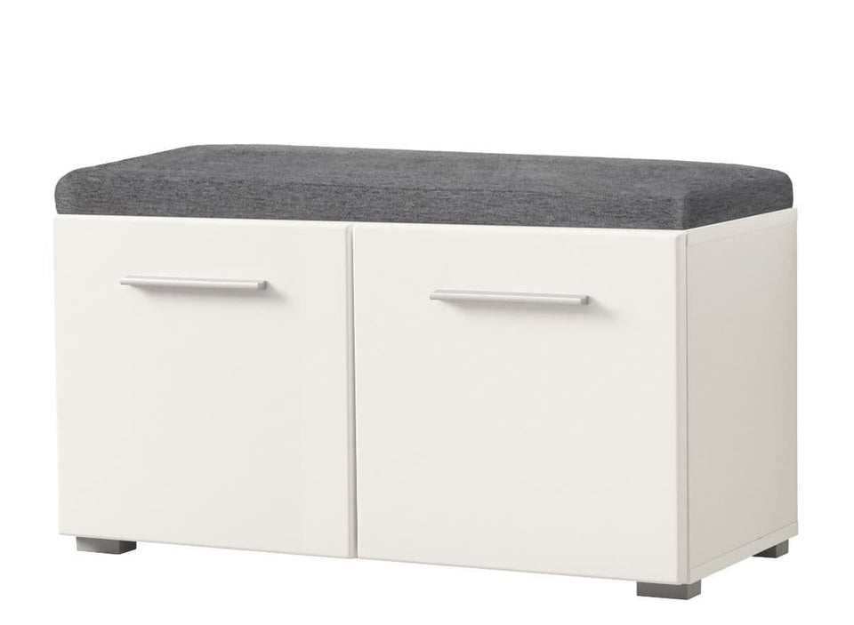 Lavish Kitchen Isle TBeny white gloss shoe bench with grey cushioned seat, two-door shoe storage for entryway or bedroom.