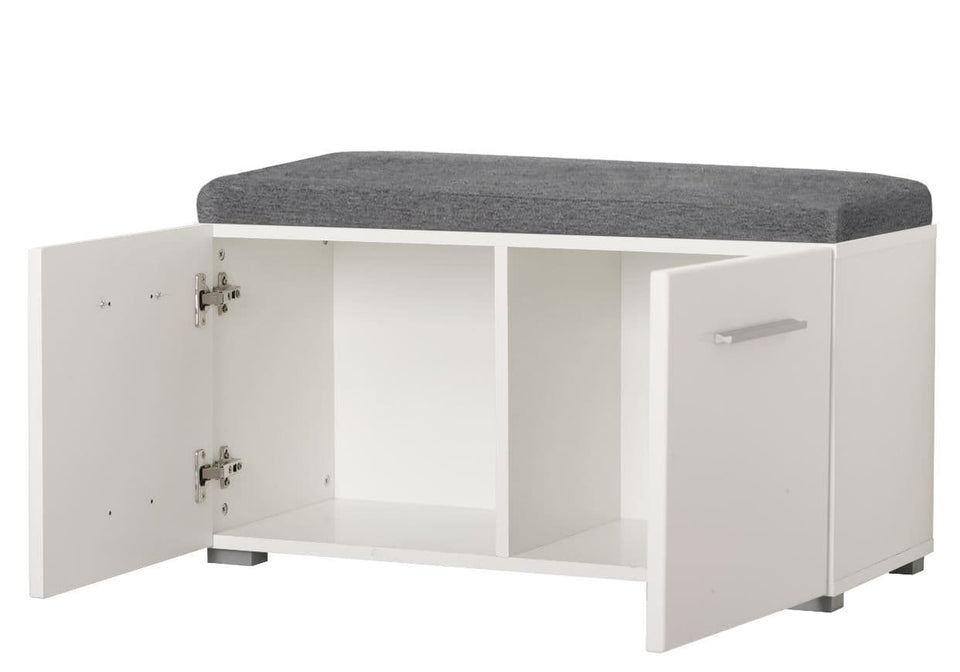 Lavish Kitchen Isle white gloss shoe bench with grey cushion seat, shoe organizer with 2 doors for entryway or bedroom storage