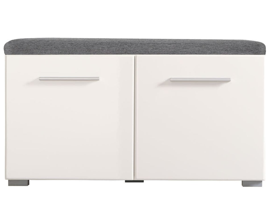Lavish Kitchen Isle TBeny white gloss shoe bench with grey cushion seat, storage with 2 doors for entryway or bedroom.