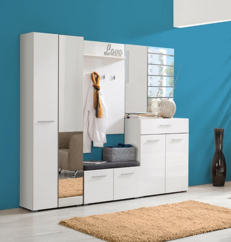 Lavish Kitchen Isle white gloss shoe bench with grey cushion seat, storage with two doors for entryway or bedroom organization