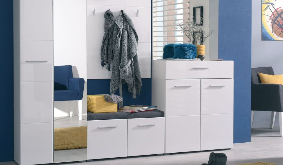 Lavish Kitchen Isle white gloss shoe bench with grey cushion seat, storage with 2 doors, ideal for entryway or bedroom organization