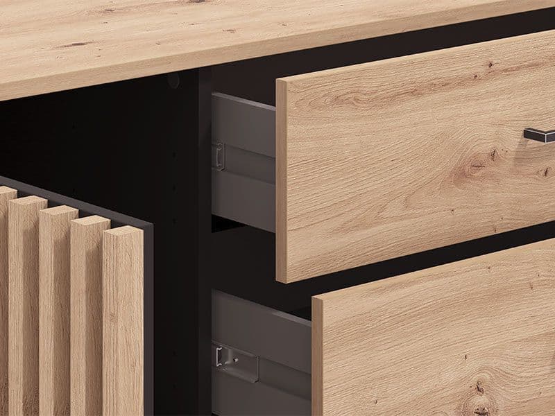 Oak Effect and Black 138cm Wide Sideboard Cabinet with 4 Drawers and Cupboard