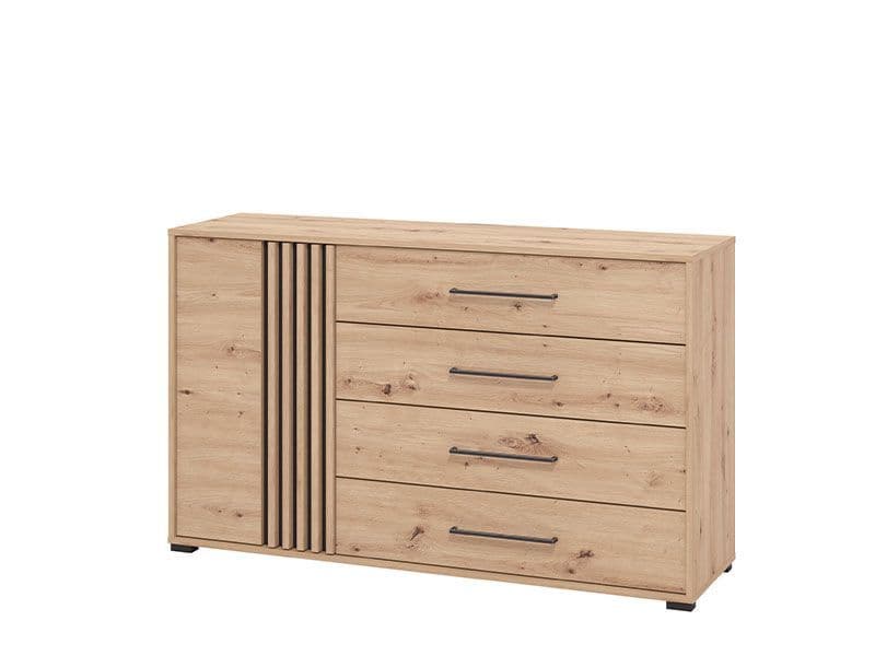 Oak Effect and Black 138cm Wide Sideboard Cabinet with 4 Drawers and Cupboard