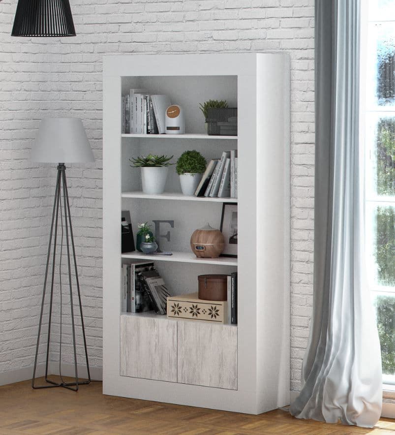 Lavish Kitchen Isle Tre-Wah white and wood effect tall bookcase with 5 shelves, 2 doors, and open compartments for modern storage.