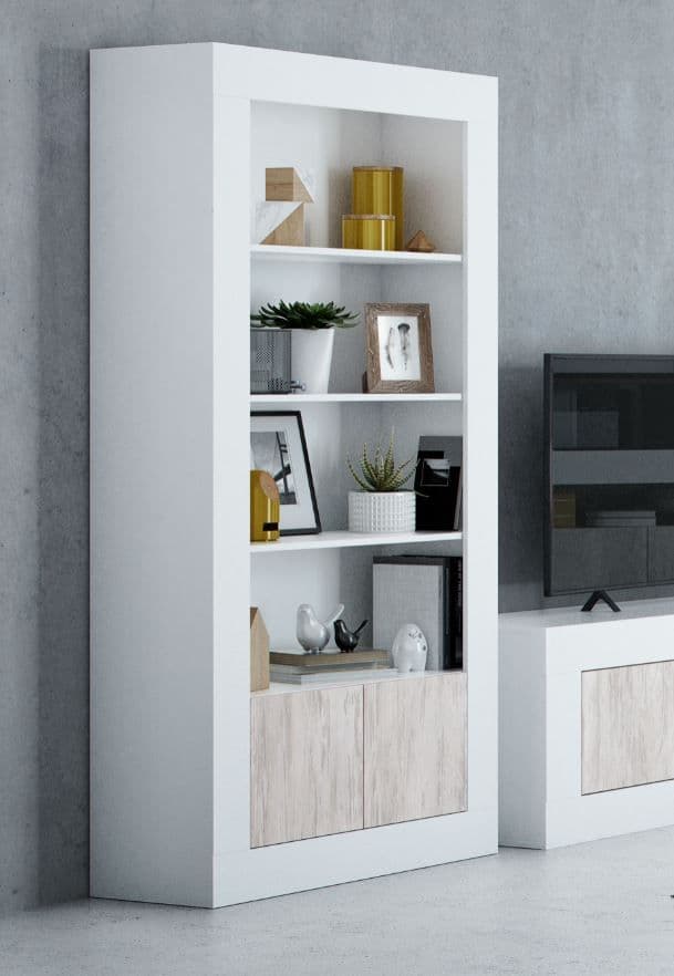 Lavish Kitchen Isle Tre-Wah white and wood effect tall bookcase with 5 tiers, 2 doors, and open compartments for modern storage.