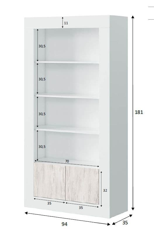 White and wood effect tall bookcase unit with 5 shelves, 2 doors, and open compartments by Lavish Kitchen Isle.