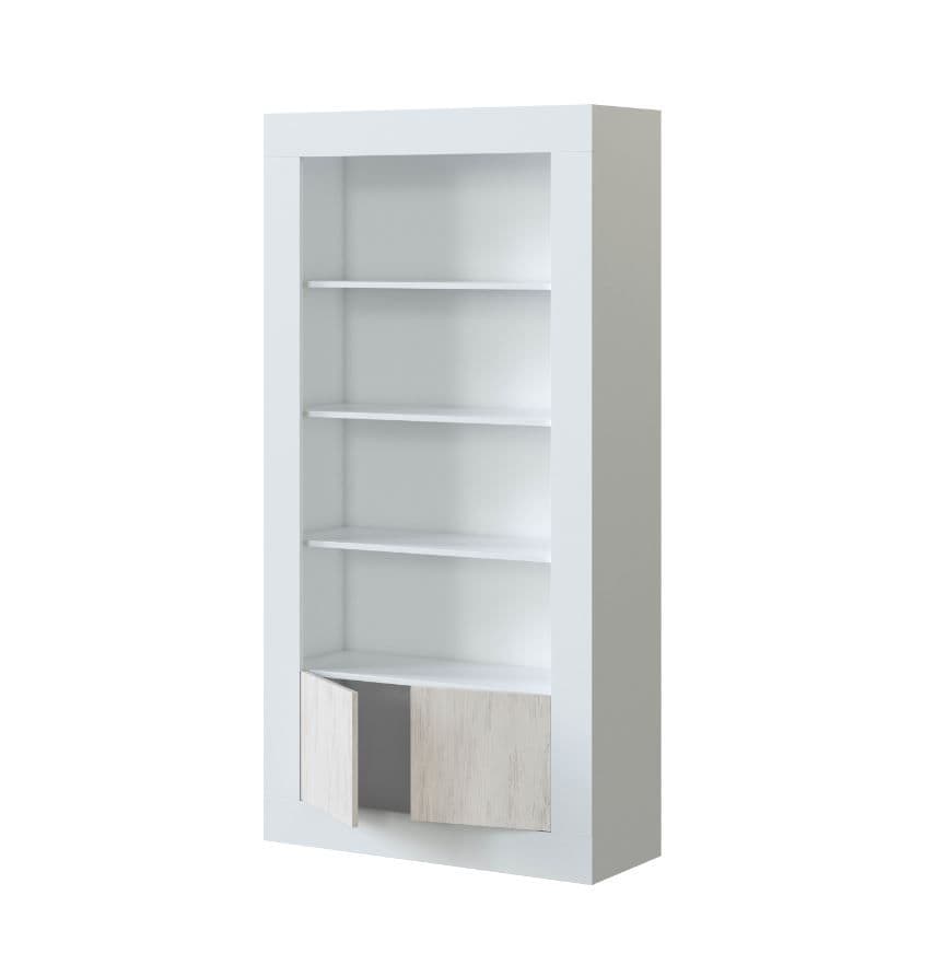 White and wood effect tall bookcase with 5 shelves, 2 doors, and open compartments, modern storage unit from Lavish Kitchen Isle.