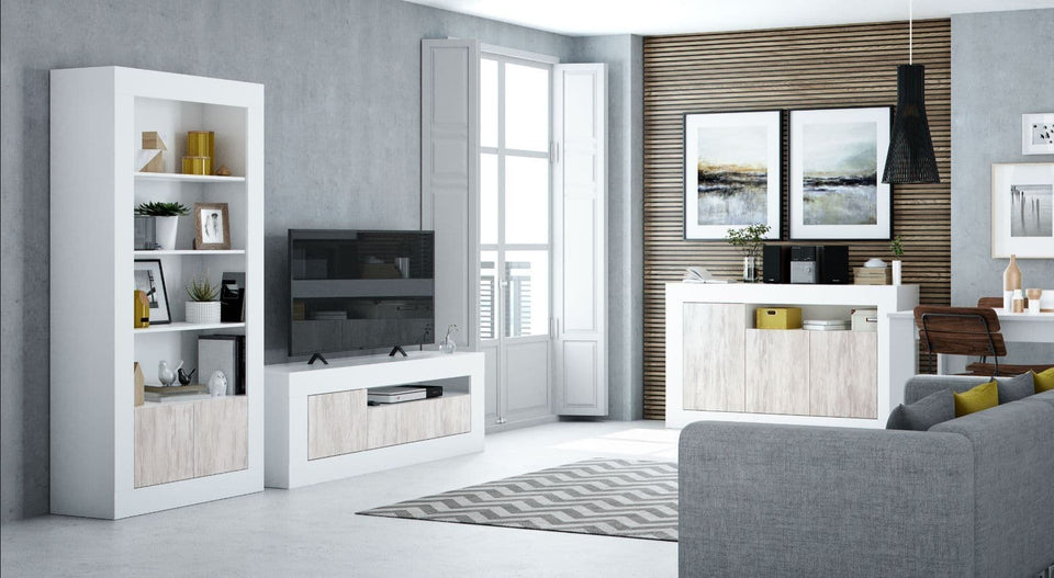 White and wood effect tall bookcase by Lavish Kitchen Isle with 5 shelves, 2 doors, and open compartments for modern storage.