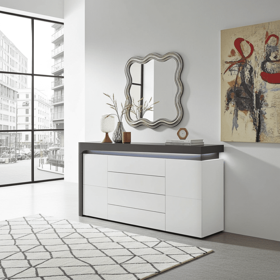 Lavish Kitchen Isle AlpenGlow grey and white gloss sideboard with 2 doors, 4 drawers, and integrated lighting for modern storage.