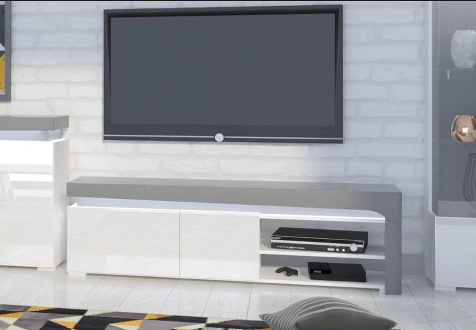 Grey and white gloss TV stand cabinet with cupboards and shelf, 159cm wide, from Lavish Kitchen Isle.