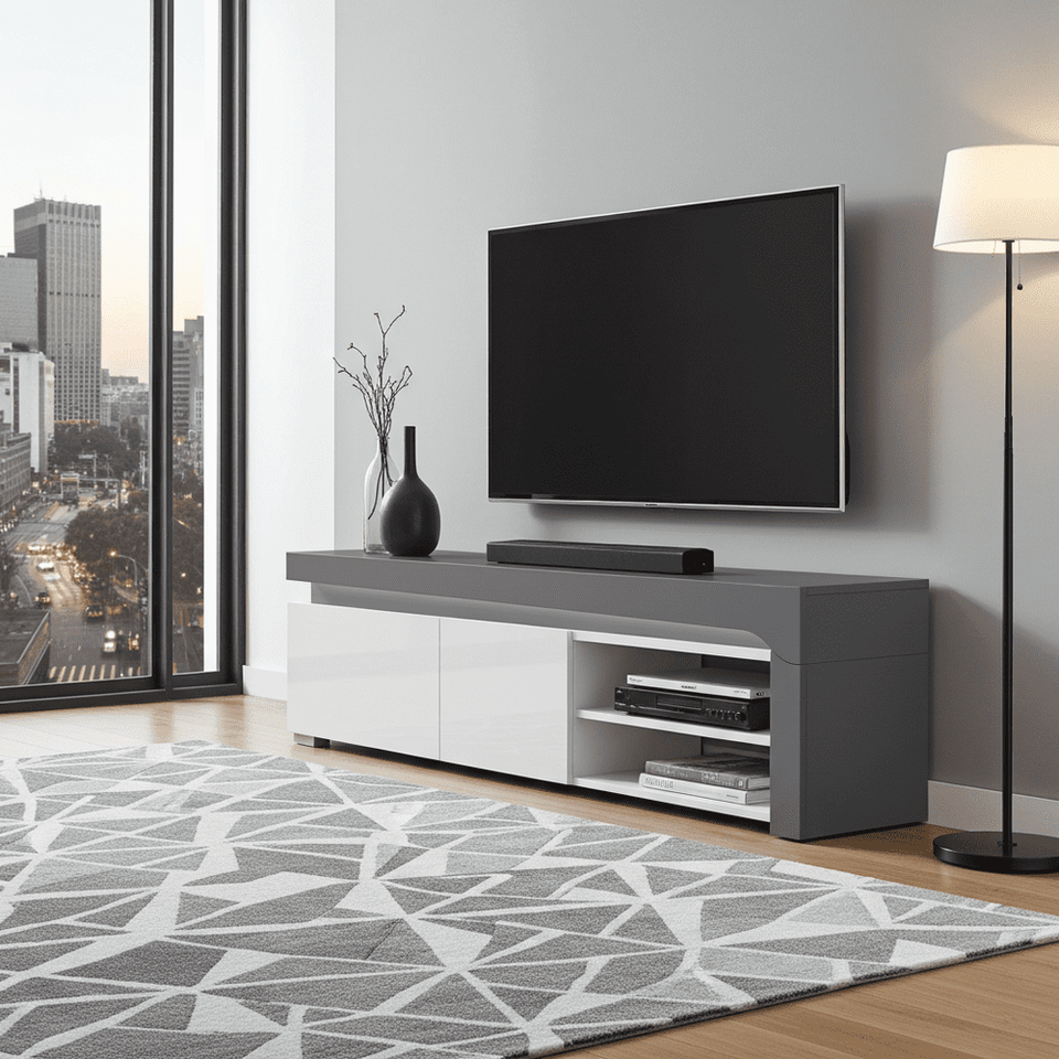 Grey and white gloss TV stand cabinet with cupboards and shelf, 159cm wide, by Lavish Kitchen Isle.