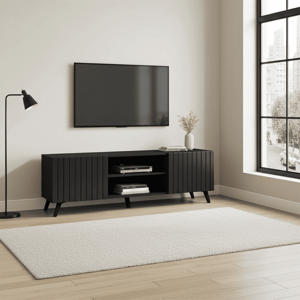 Matte black large TV unit with two doors and an open shelf, modern design from Lavish Kitchen Isle.