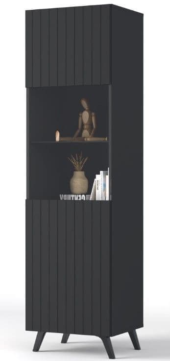 Matte black and white tall display cabinet with grooved vertical lines, elegant modern design by Lavish Kitchen Isle.