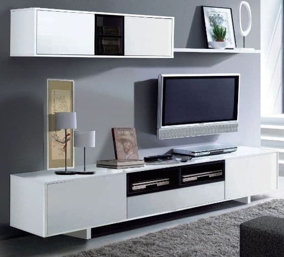 Bloom White Gloss Modern TV Stand Cabinet Unit with Wall Shelf and Sto Lavish Kitchen Isle