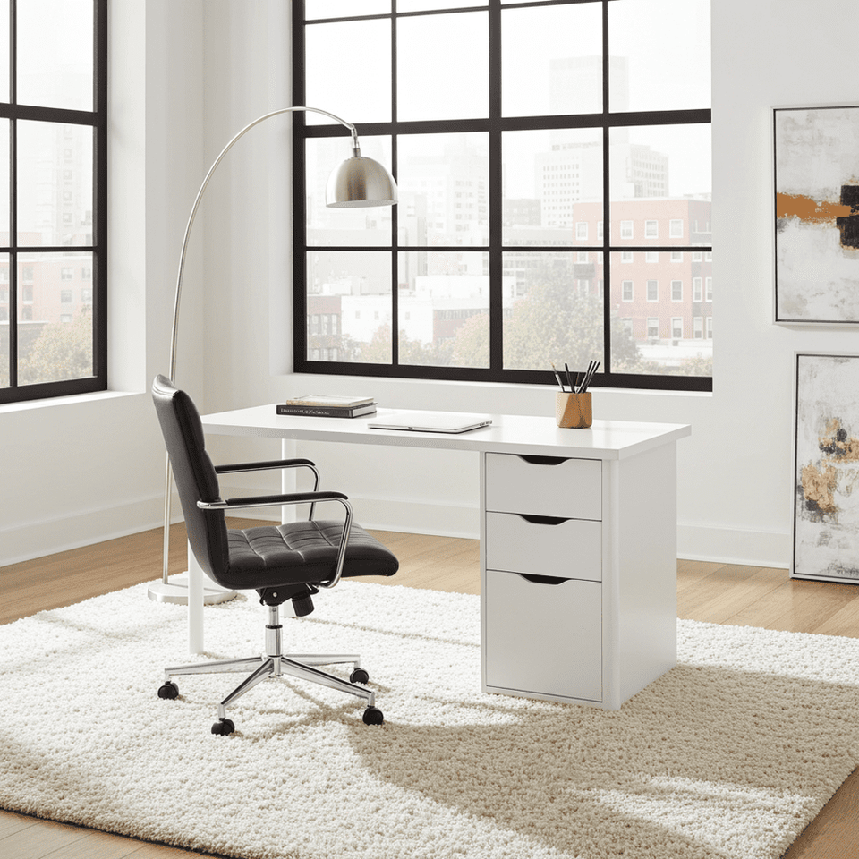 Arctic white Lavish Kitchen Isle Vespera desk with three drawers, modern design, perfect for study or computer workspace.