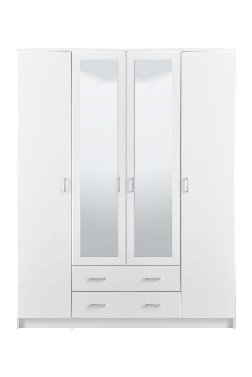 White Niss 4-door wardrobe with mirrors, shelves, and hanging rails, modern bedroom storage by Lavish Kitchen Isle