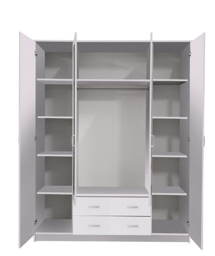 Lavish Kitchen Isle Niss White 4-door wardrobe with mirrors, shelves, and hanging rails for modern bedroom storage.