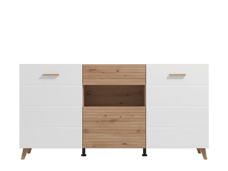 Lavish Kitchen Isle Flux slatted sideboard with oak effect and white gloss finish, 173cm wide, featuring drawers, doors, and shelf.