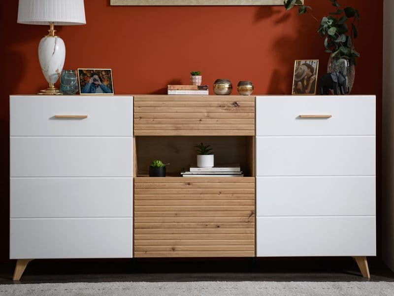 Lavish Kitchen Isle Flux slatted oak effect and white gloss sideboard with drawers, doors, and shelf for living or dining room storage