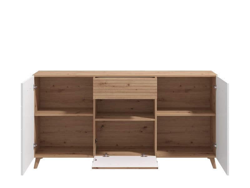 Lavish Kitchen Isle Flux slatted oak effect and white gloss sideboard with drawers, doors, and shelf for living or dining room storage.