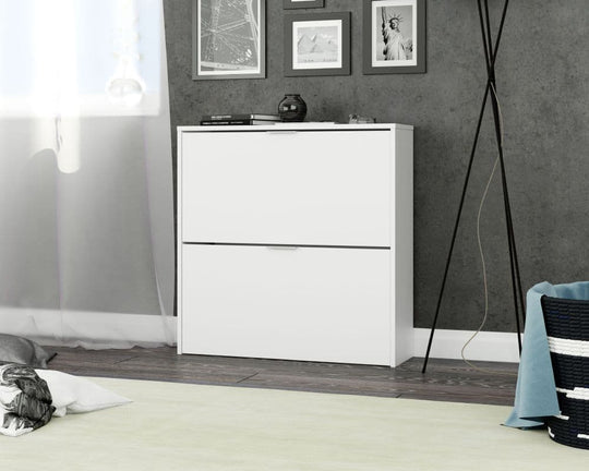 Velour White 2 Drawer Shoe Rack Cabinet Space-Saving Wooden Shoe Organiser for 16 PairsShoe Cabinet