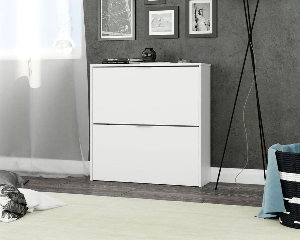 Velour White 2 Drawer Shoe Rack Cabinet Space-Saving Wooden Shoe Organiser for 16 PairsShoe Cabinet