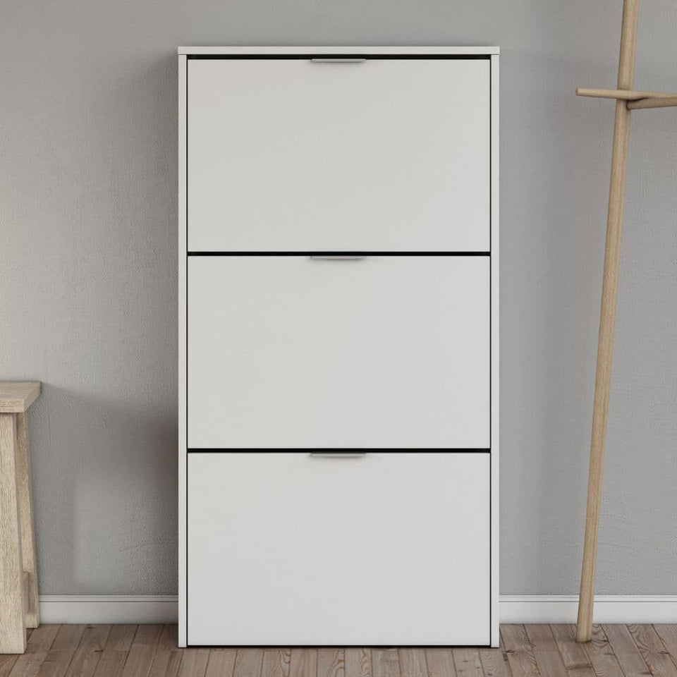 Velour White 3 Drawer Shoe Rack Cabinet Wooden Space-Saving Shoe Organiser for 18 Pairs