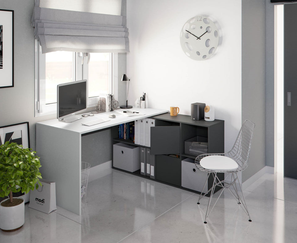 Drift White and Grey Reversible Large Corner Desk Home Office Study Table with Flexible Layout for Computer and Laptop