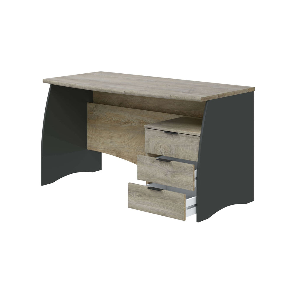 Modern Auralis Oak Grey office desk with drawers, spacious surface, and sleek design for home or office use.