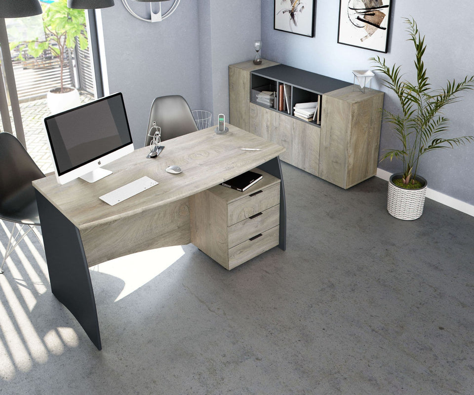 Modern office desk with drawers, oak and grey finish, ideal for home office or computer setup by Lavish Kitchen Isle