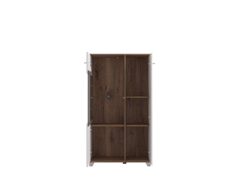 White High Gloss Display Cabinet with Oak-Effect Accents – 2 Doors, 4 Shelves